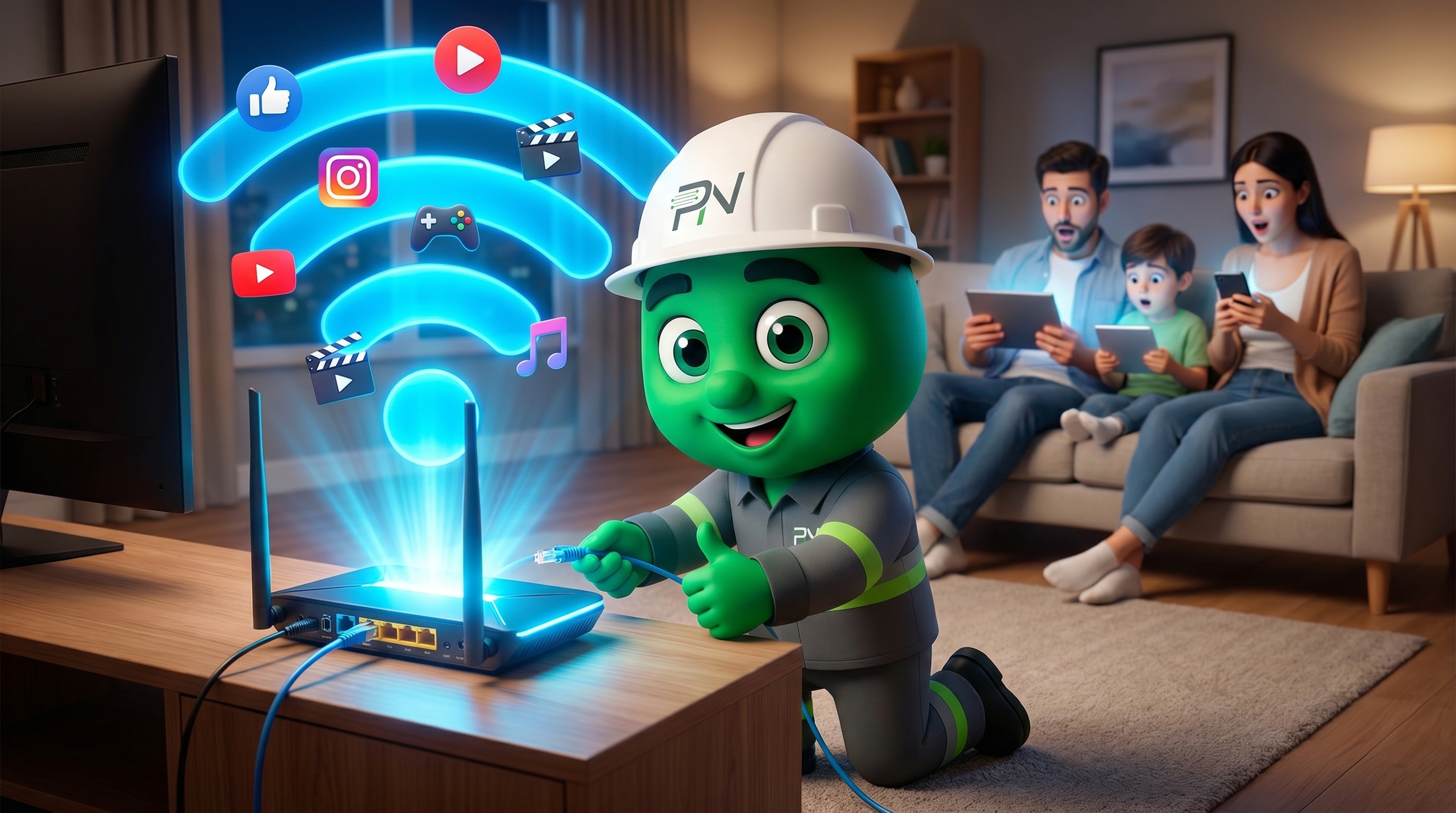 Mascote da Pro Net instalando o roteador de Wi-Fi na sala de uma família feliz